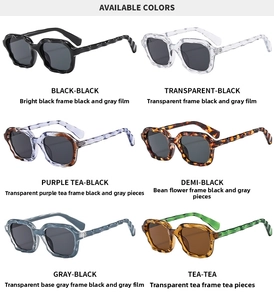 Selection of retro square sunglasses with unique wavy frames in six trendy color options