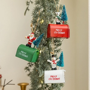 Three-piece Christmas mailbox hanging ornaments with Santa, Snowman and Bear figurines