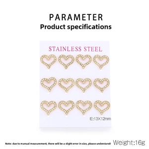 Detailed parameter view of 6 pairs of gold stainless steel heart stud earrings with crystals