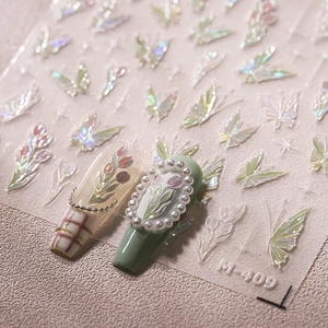 Iridescent butterfly and tulip nail stickers M-409 with laser aurora color effect