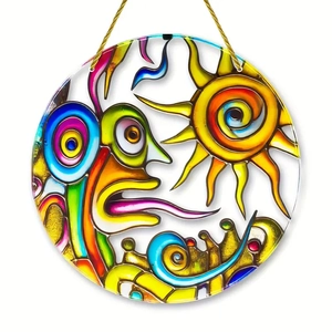 Bohemian colorful acrylic sun and moon face decorative disc with golden hanging cord