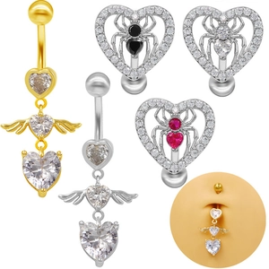 Surgical steel heart navel rings with angel wings and spider designs in silver and gold