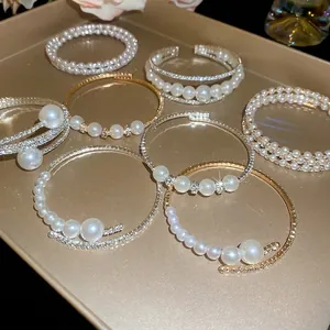 Elegant Multi Layer Imitation Artificial Pearl Rhinestone Open Bangle Bracelet French Retro Light Luxury Jewelry For Women