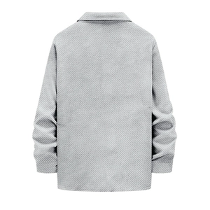 Rear view of light grey corduroy jacket showing thick twill texture and casual cut