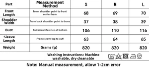 Detailed size chart for women faux fur coat including length and shoulder measurements