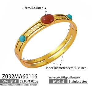 Detail view of 18k gold plated bangle with dimensions 6cm and colorful gemstones
