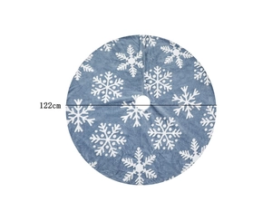 Detail of 122cm blue Christmas tree skirt featuring white snowflake plush patterns