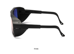 Side view of professional safety goggles with side shields and purple reflective lenses