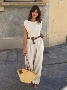 Leinen Baumwolle Outfits Ärmelloses Rundhals Crop Top Und High Waist Weite Hose Casual Sommer Urlaub Damen