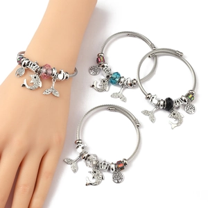 Detail of silver stainless steel charm bracelets with crystal beads and pendants