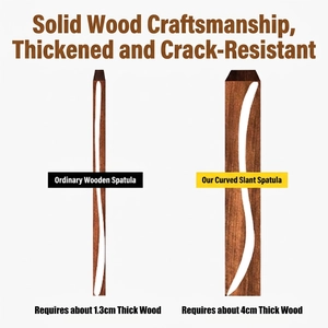 Teak wood spatula side view comparison showing solid 1.3cm and 4cm thickness levels