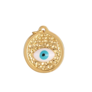 Golden hammer textured evil eye pendant with blue and white enamel for DIY jewelry