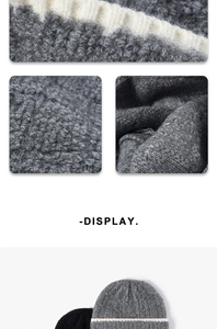 Detailed view of color-block knit beanie with thick gray, black, and white stripe texture