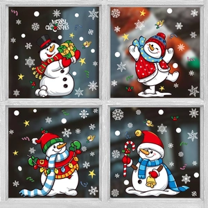 Adesivi elettrostatici pupazzo di neve Natale con fiocchi stelle e testo Merry Christmas