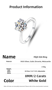 Detailed spec sheet for 2ct Moissanite S925 silver ring showing US 5-9 size parameters