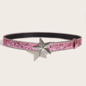 Pink glitter belt with a polished silver star metal buckle for women denim jeans