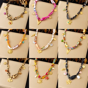 Bohemian Satin Scarf Necklace With 304 Stainless Steel Gold Plated Heart Sun Pendant Leopard Floral Pattern For Women Chic