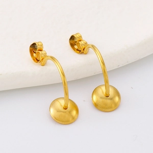 Minimalist gold-plated stainless steel curved earrings with flat round studs and butterfly backs