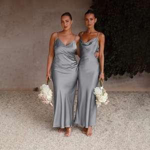 Detailed back view of grey satin slip maxi dress with elegant draped V-neck and slim fit