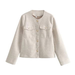 Minimalist beige tweed jacket with elegant gold embossed buttons and flap pockets