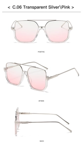 Three-way view of silver frame sunglasses with pink gradient lenses and metal temples