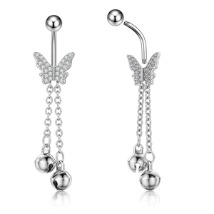 Detail view of butterfly belly ring with zircon crystals, tassels, and small bells