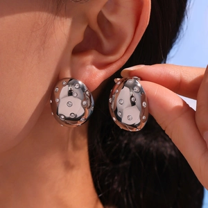 Polished silver stainless steel oval stud earrings with sparkling crystals for women