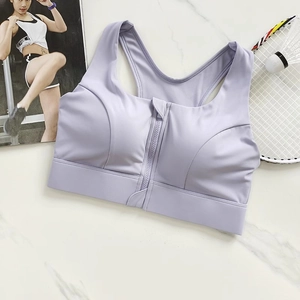 Macro detail of high-impact lavender sports bra with front zipper and racerback design