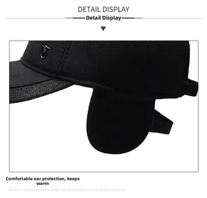 Detailed view of winter baseball cap with ear flaps and warm thickened lining