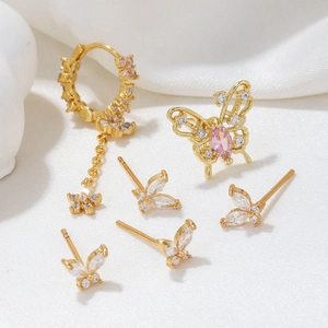 S925 silver needle butterfly tassel earring set with pink and white zircon in gold finish
