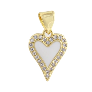 Close-up of heart pendant with white enamel center and sparkling zircon halo