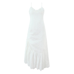 Robe Longue Blanche Coton Broderie Anglaise Bretelles Spaghetti Col En V Ourlet À Volants Dos Nu Style Bohème Élégant