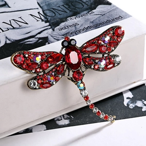 Macro detail of vintage dragonfly brooch with red rhinestones on an artistic book