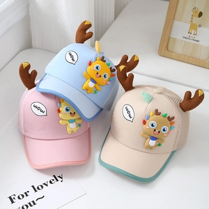 Three-piece set of breathable mesh summer sun hats for kids featuring 3D antlers and dragon