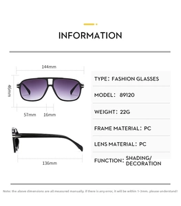 Size chart for aviator sunglasses showing 144mm width and PC material specifications