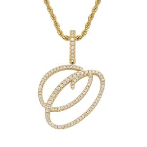 Macro view of iced out cursive letter O pendant with golden rope chain and clear stones