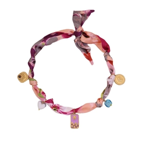 Silk scarf necklace with golden sunflower charms and colorful floral patterns