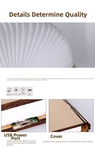 Macro detail of waterproof Tyvek paper pages and Micro-USB port on wooden book lamp