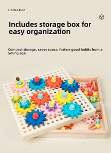 Detail view of colorful gears, plastic screws, and wooden storage box for kids puzzle