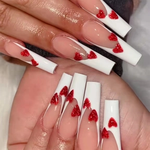 Long Coffin Press On Nails ABS Plastic French Tip Burgundy Glitter Heart Valentine Sweet Romantic Style For Women