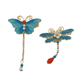 Vintage cloisonne hair clips set with blue butterfly and dragonfly insect designs