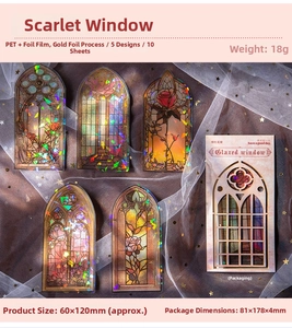 Macro detail of crimson stained glass PET stickers with gold foil and glitter film finish