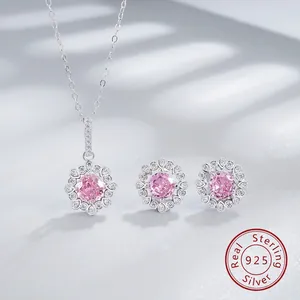 925 Sterling Silver Sunflower Jewelry Set Pink Yellow Blue White Rhinestone Necklace Earrings For Women Halo Floral Jewelry Gift