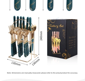 Green marble pattern stainless steel cutlery set with a gold storage rack and luxury gift box