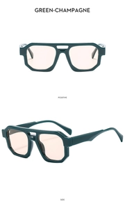 Front and side view of double bridge pilot sunglasses with green frame and champagne lenses