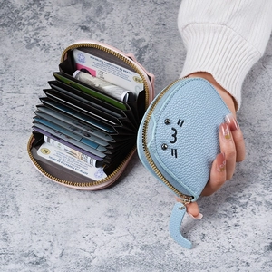 Cat-shaped PU leather accordion card holder wallet with multi-slots in pink and blue