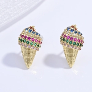 Detail of ice cream cone stud earrings with colorful gemstones and textured gold finish