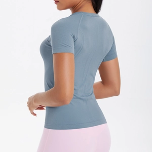 T-shirt sportiva da donna aderente blu grigio per yoga e fitness con scollo a girocollo