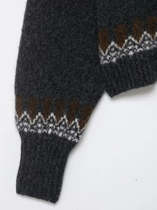 Detail view of dark grey knit sweater showing geometric jacquard cuffs and ribbed texture