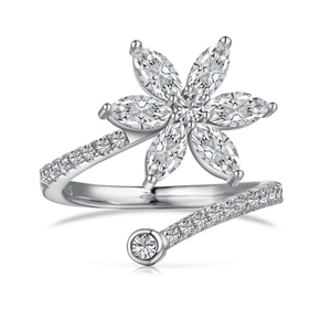 Exquisite S925 sterling silver flower ring with marquise zirconia and pavé band